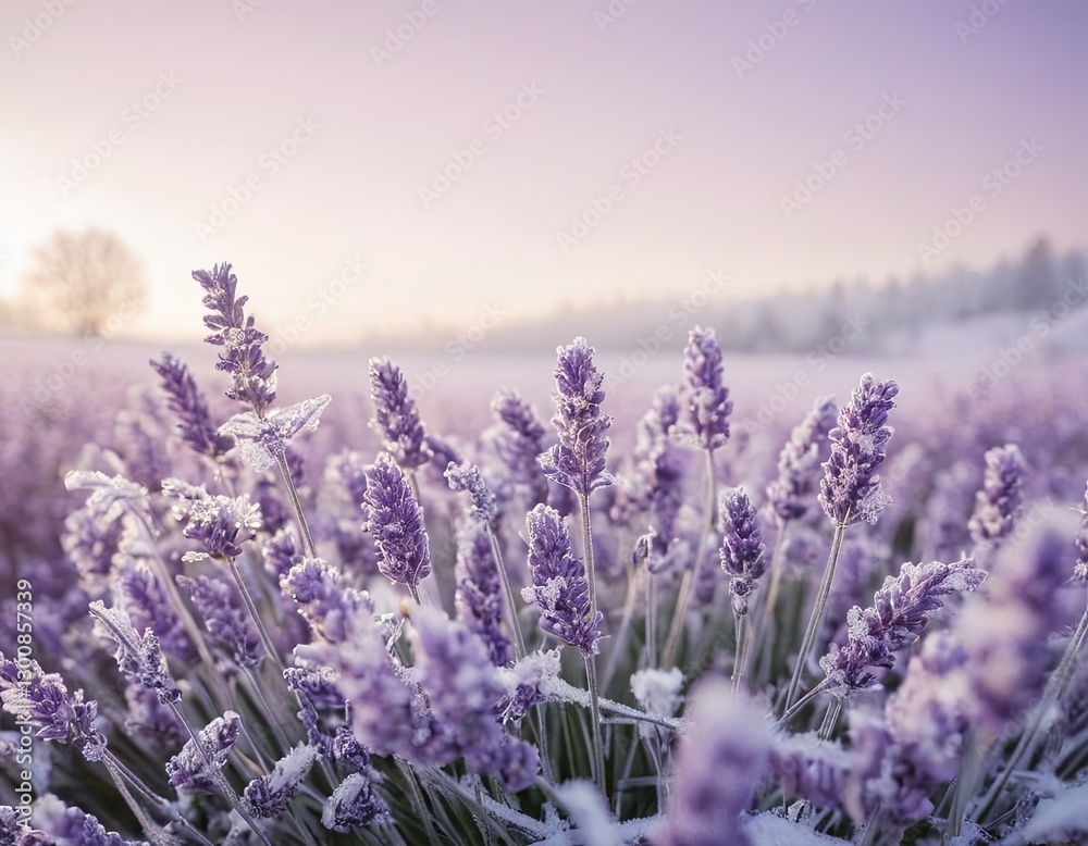 Fototapeta premium Frozen lavender field at dawn, showcasing delicate frost on vibrant purple flowers.