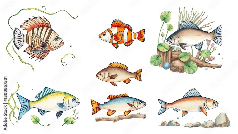 Naklejka premium Colorful Fish Illustration Set Aquarium Pond Marine Life Aquatic Animals Underwater World