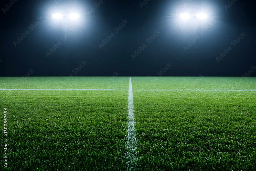 Obraz premium Nighttime sports field: Close-up of a vibrant green playing field illuminated by stadium lights, creating a striking contrast with the dark sky. Focus on texture and color.