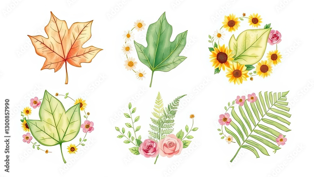 Obraz premium Autumn Leaves Sunflowers Roses Fern Floral Wreath Watercolor Botanical Illustration