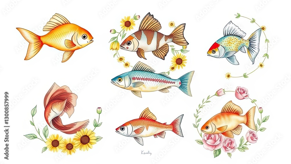 Naklejka premium Colorful Fish Illustrations Floral Wreaths Aquatic Life Sunflowers Roses Goldfish Koi
