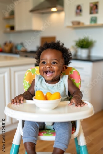 A black baby is laughing while sitting in a colorful high chair with a bowl of fruit. The kitchen is bright and filled with cheerful decorations and family photos