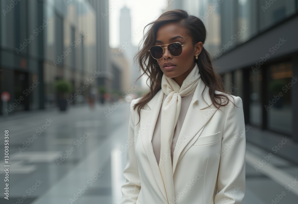 Woman in White Coat with Scarf and Sunglasses Woman in White Coat with Scarf and Sunglasses