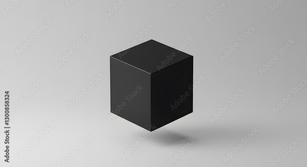 Minimalist black cube floating on a soft gray background Minimalist black cube floating on a soft gray background