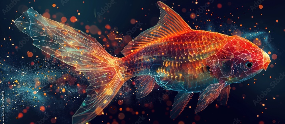 Abstract gold fish with shimmering lights in dark background. Abstract gold fish with shimmering lights in dark background.