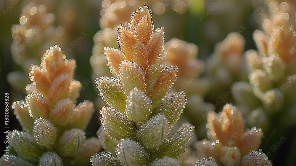 Fototapeta premium of freshly grown wheat stalks with dew drops clinging to the tips, capturing the essence of a cool morning in a lush, fertile field. close-up, wheat stalks, dew drops, morning, fresh, lush, 