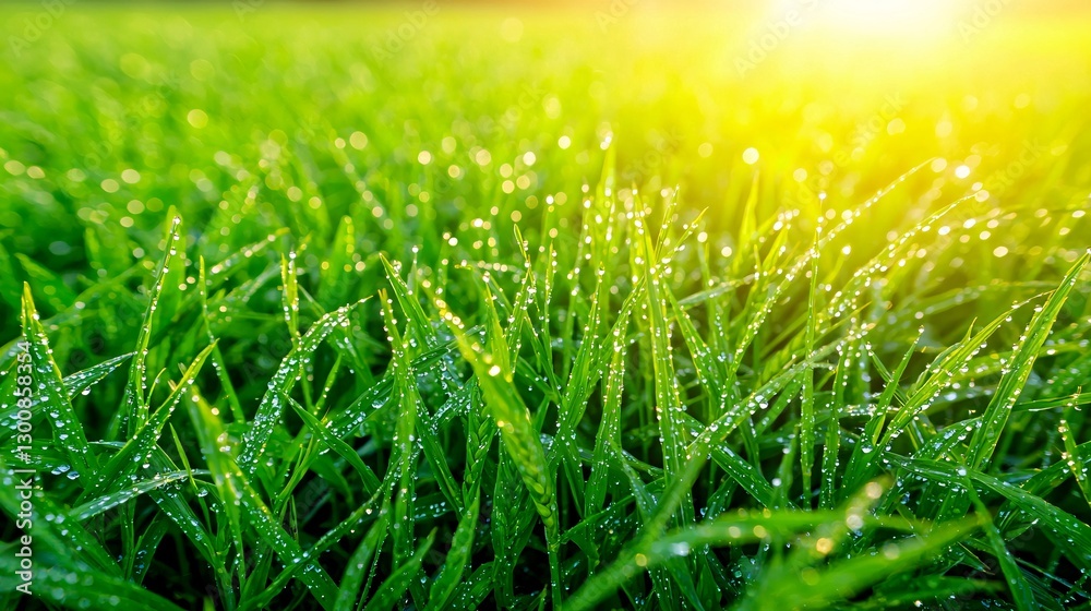 Fototapeta premium of freshly grown wheat stalks with dew drops clinging to the tips, capturing the essence of a cool morning in a lush, fertile field. close-up, wheat stalks, dew drops, morning, fresh, lush, 