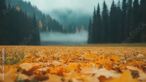 Golden Autumn Leaves Covering a Forest Path with Misty Mountains in Background photo