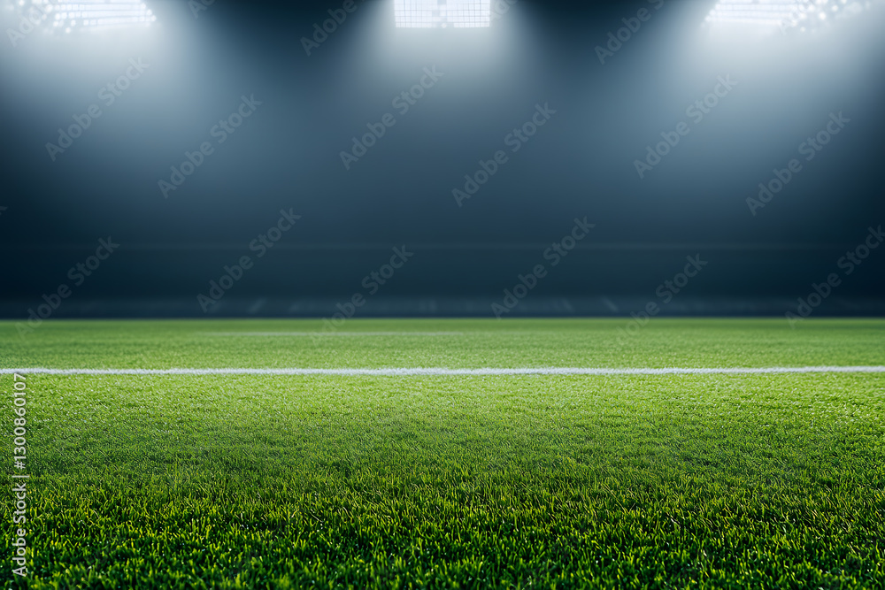 Obraz premium Nighttime sports field with stadium lighting. Fresh green grass and white lines create a sense of anticipation and excitement for the upcoming game.