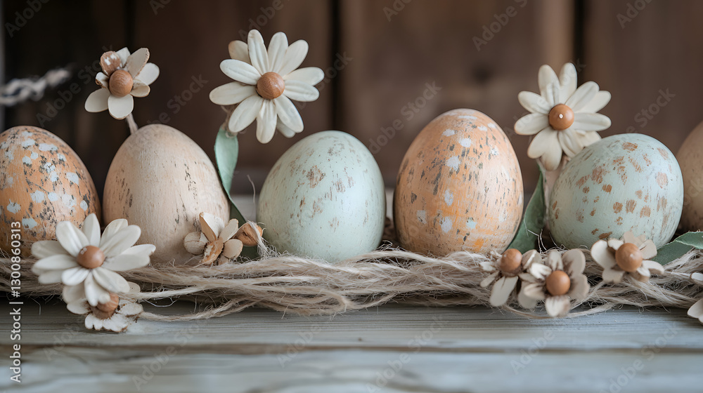 Obraz premium A rustic Easter garland of wooden eggs, painted with muted earth tones and adorned with natural twine and small wooden flowers for a natural, earthy vibe.