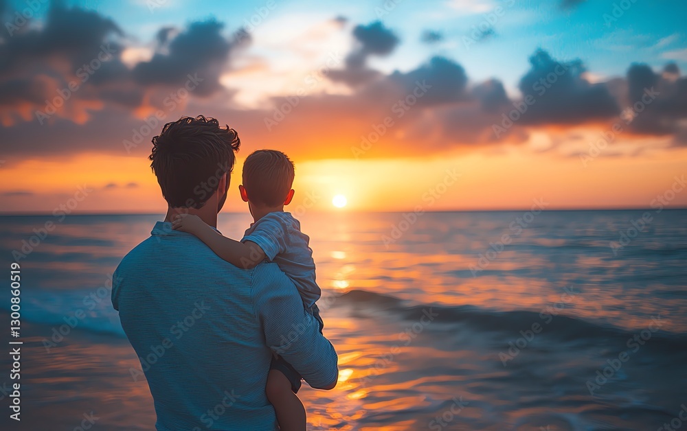 Silhouette of a father holding his son around his neck, watching a sunset over the ocean, family vacation moment, peaceful beach, rearview, and copy space Silhouette of a father holding his son around his neck, watching a sunset over the ocean, family vacation moment, peaceful beach, rearview, and copy space