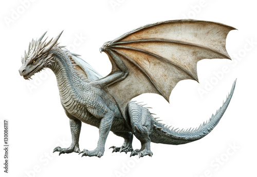 Majestic ice dragon with detailed scales and impressive wings ready to take flight in a fantasy world setting designed for game art or book cover, cut out