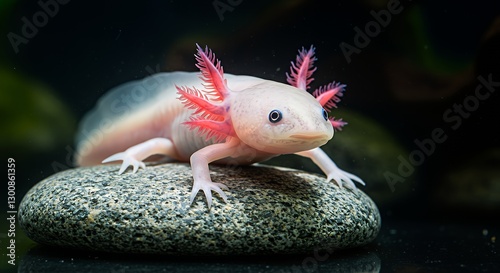 Axolotl Resting on Rock in Aquarium with Pink Gills Close-up photo