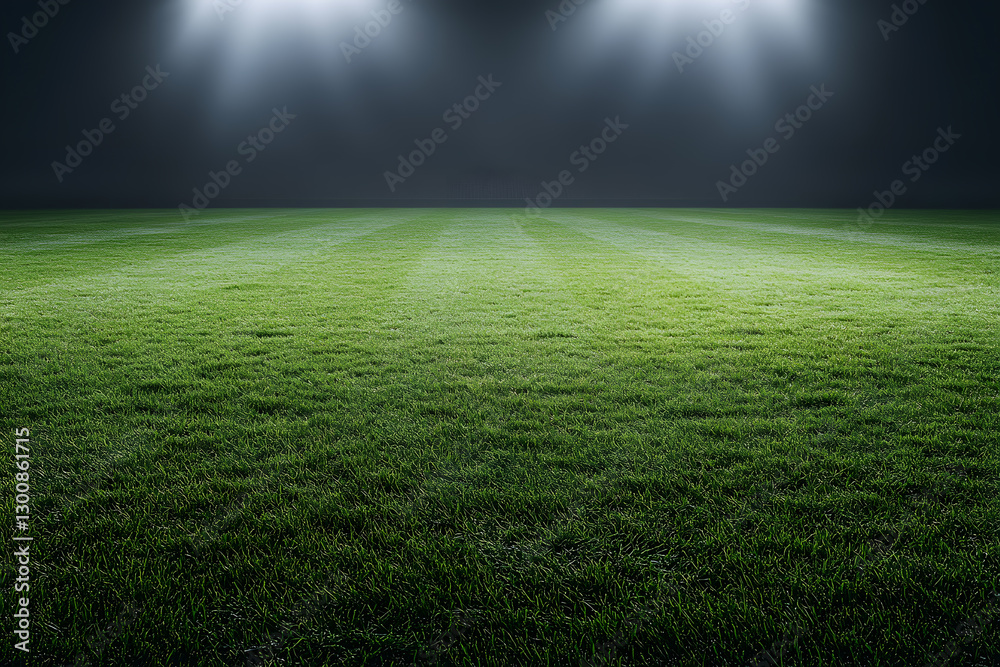 Obraz premium Grassy sports field bathed in stadium lighting. Uniform stripes add a touch of precision. Nighttime atmosphere with a sense of anticipation and focus.