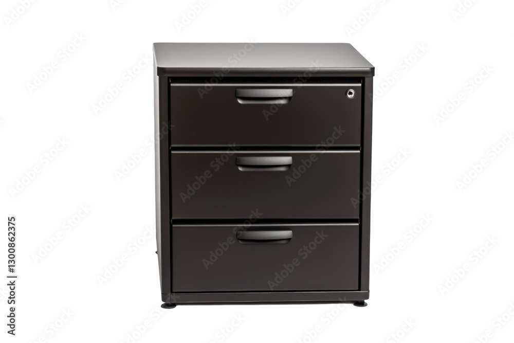 Three Drawer Brown Office Cabinet with Minimalist Handles and Lock Detail on Transparent Background Three Drawer Brown Office Cabinet with Minimalist Handles and Lock Detail on Transparent Background