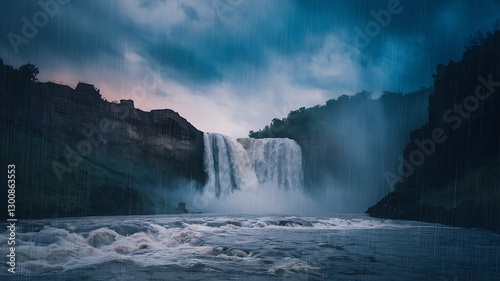 Dramatic waterfall in a heavy rain storm