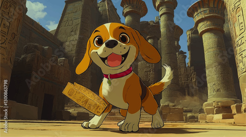 Cute Cartoon Beagle Pup Explores Ancient Egyptian Ruins with Hieroglyphs on Stone Columns in Vibrant Vector Art - An Adventure in Ancient Architecture and History