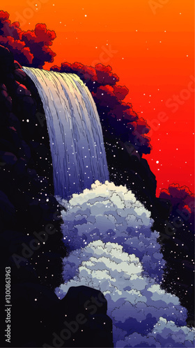 Vibrant Vector Waterfall at Sunset with Lush Foliage and Starry Sky - Stunning Nature Illustration in Rich Orange and Blue Tones for Tranquility and Scenic Beauty