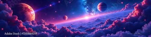 A mystical anime galaxy with colorful planets and shooting stars, galaxy, sci-fi, planets