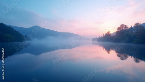 Mist drifts over a serene lake at sunrise, reflecting pastel colors across the still water.