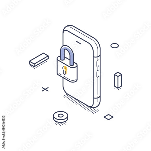 An illustration shows a smartphone with a padlock securely attached, symbolizing data protection. Modern isometric line art vector illustration