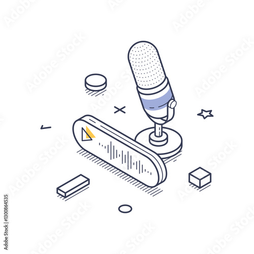 Detailed isometric line art showcasing elements used in content creation, including a microphone and design tools, representing the digital work environment for creators. Vector illustration