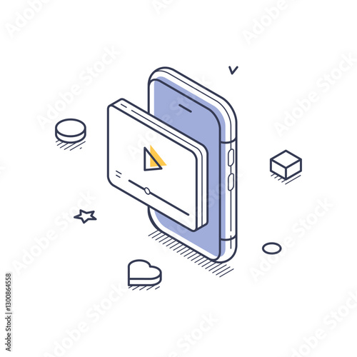 Mobile device with a video playback interface emerging from it, symbolizing the content creation process. Surrounding elements enhance the design, emphasizing creativity. Vector illustration