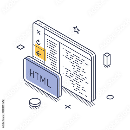 Icon showcases web development features, including HTML coding elements and user interface components, symbolizing the digital design process in a clear visual format