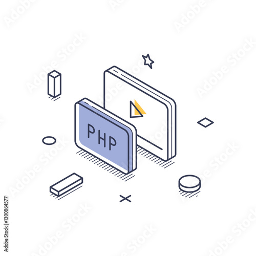 Isometric line art icon representing web development. It highlights the PHP programming language along with decorative elements. Modern isometric line art vector illustration