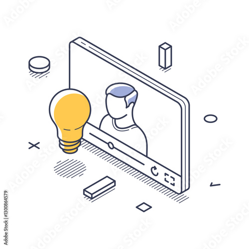 Concept of content creation featuring a figure inside a screen and a light bulb, symbolizing ideas and creativity. This design emphasizes modern digital innovation. Vector illustration