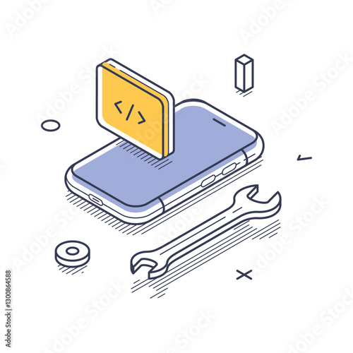 Isometric line art icon that showcases a smartphone and web development elements like code snippets and tools. It symbolizes modern technology in a minimalist style. Vector illustration