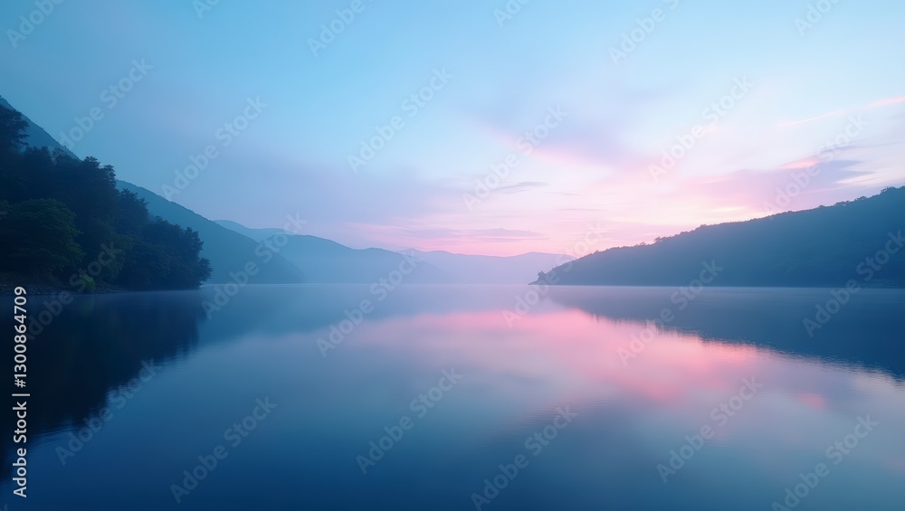 Fototapeta premium A breathtaking view of the lake capturing the soft hues of the sunset sky and a serene atmosphere.