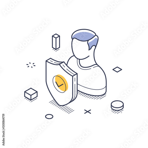 Concept of personal data protection, featuring a shield symbolizing security alongside a figure representing an individual. Modern isometric line art vector illustration