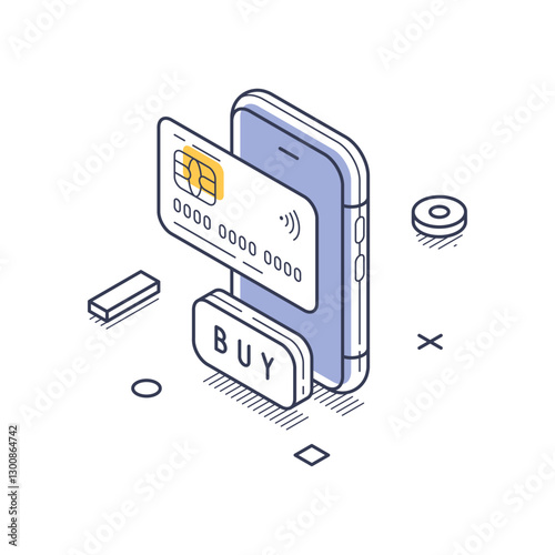 Isometric line art representation of online shopping. A smartphone displays a payment card and a buy button, symbolizing the digital market experience and transaction process. Vector illustration