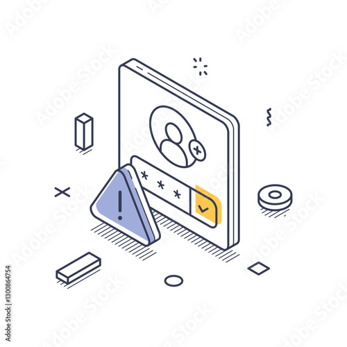 Isometric line art icon focusing on personal data security. It includes elements depicting user authentication with symbols of caution, emphasizing data protection. Vector illustration