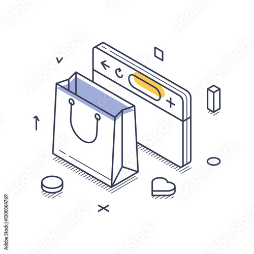 Online market shopping with a shopping bag and digital screen. This isometric line art illustrates the concept of digital commerce in a modern context. Vector illustration