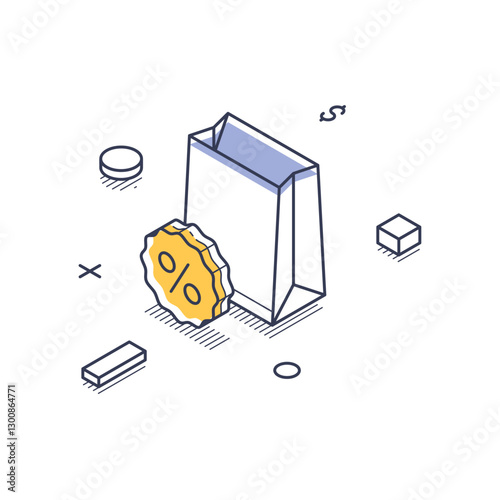 Shopping bag alongside a currency symbol in an isometric view. It illustrates the concept of online market transactions with various geometric shapes around it. Vector illustration