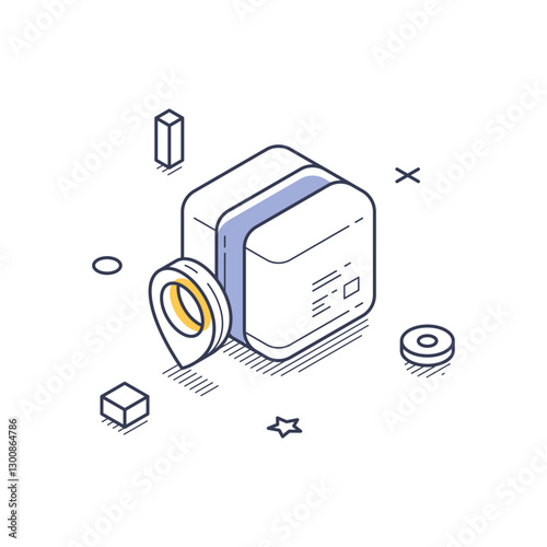 Isometric line art icon depicting a package symbolizing online market transactions. Various geometric shapes enhance the design, conveying modernity and efficiency. Vector illustration
