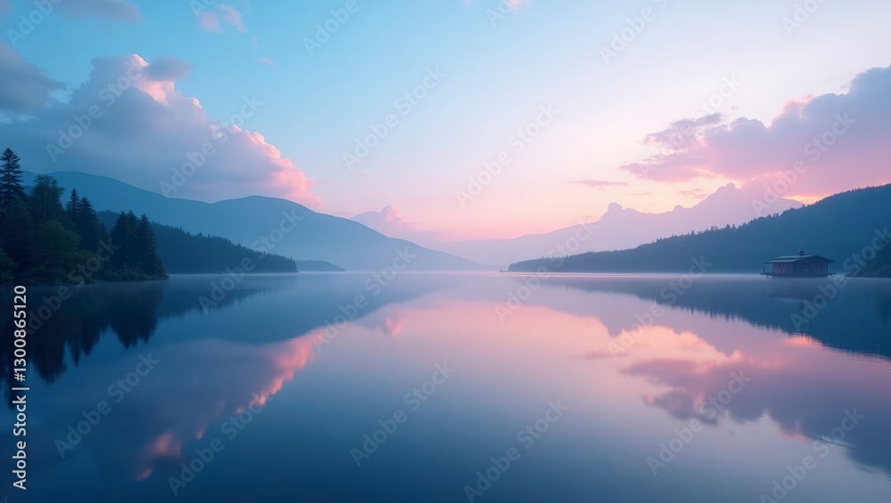Fototapeta premium A tranquil lake reflects pastel skies and distant mountains at twilight, creating a peaceful vista.