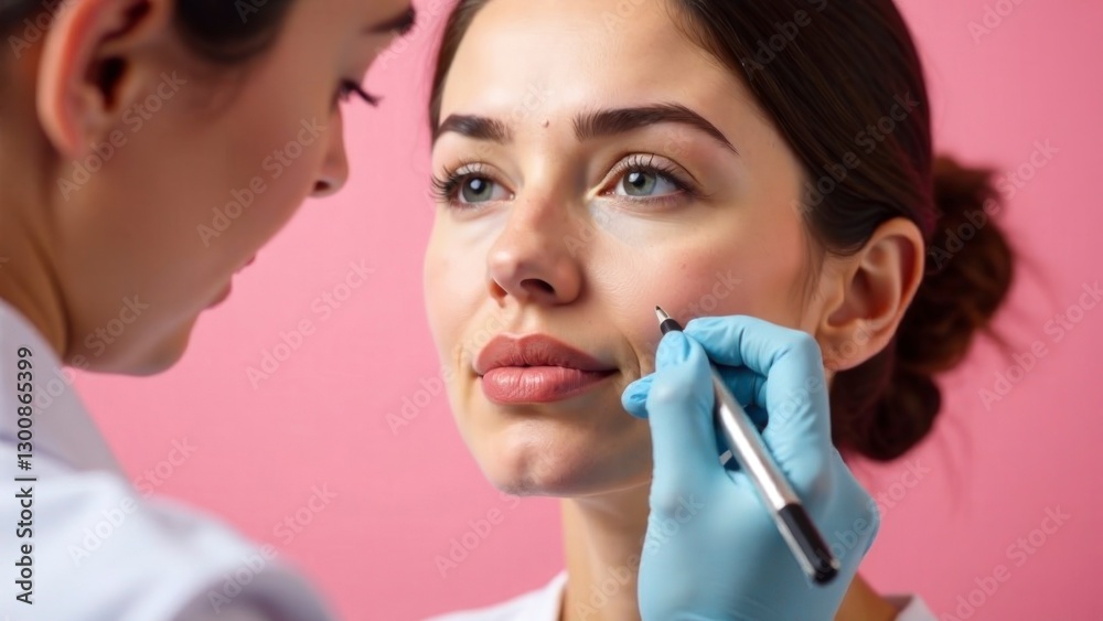 Young caucasian female receiving facial aesthetic treatment in clinical setting Young caucasian female receiving facial aesthetic treatment in clinical setting