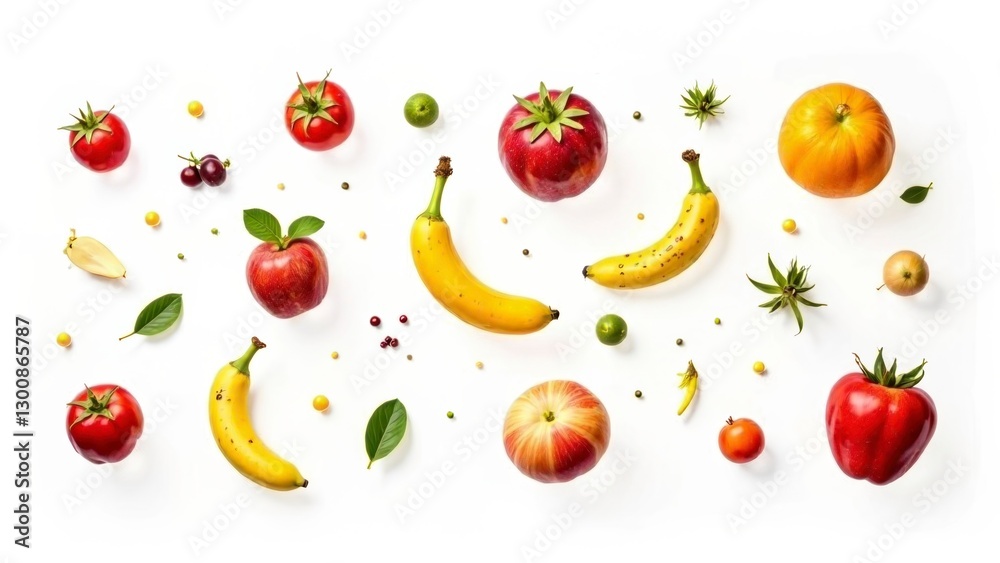 Vibrant arrangement of fresh fruits and vegetables on white background Vibrant arrangement of fresh fruits and vegetables on white background