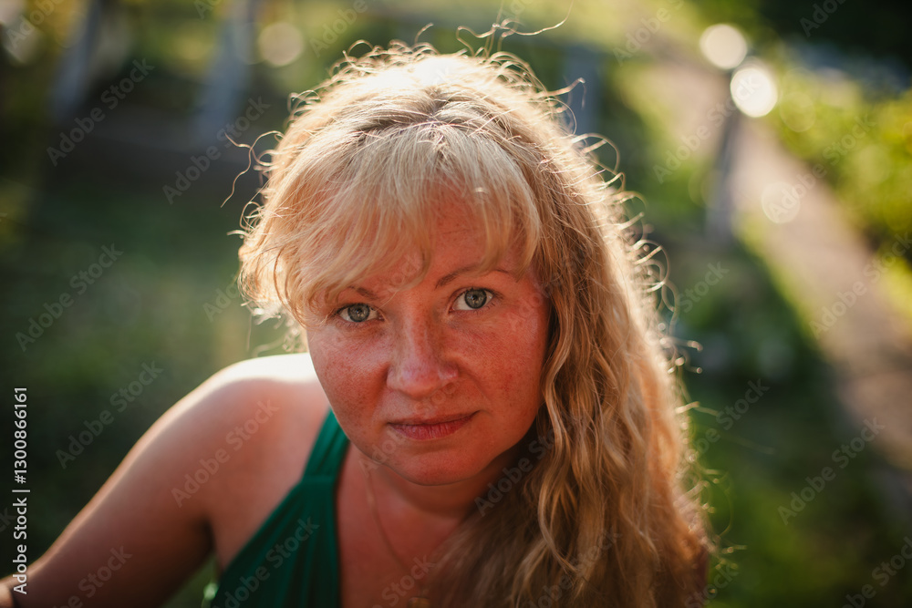 A portrait of a Slavic woman with light brown hair, outdoors in the summer, radiating natural beauty and warmth.