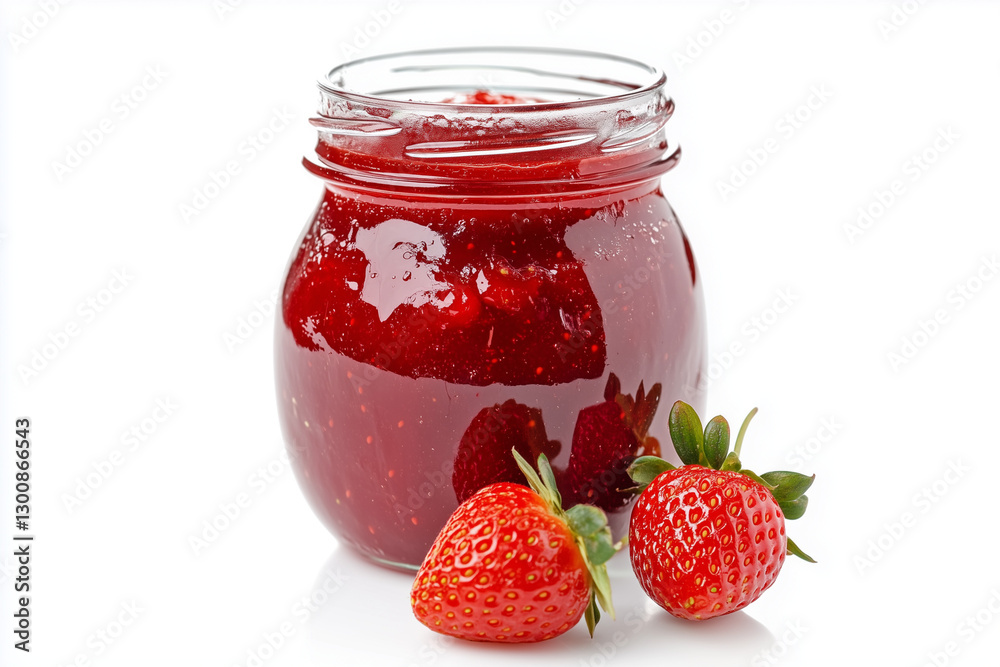 Close up shot red glossy strawberry with strawberry jam isolated on white background, Shiny red strawberry and jam. Close up shot red glossy strawberry with strawberry jam isolated on white background, Shiny red strawberry and jam.