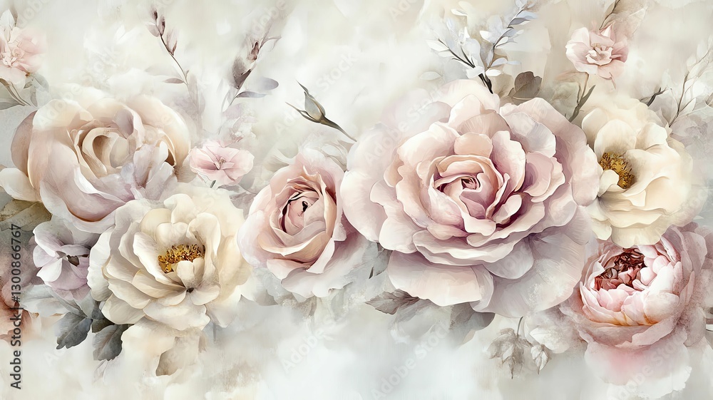Obraz premium Romantic Watercolor Florals Beautiful pastel roses in soft background.