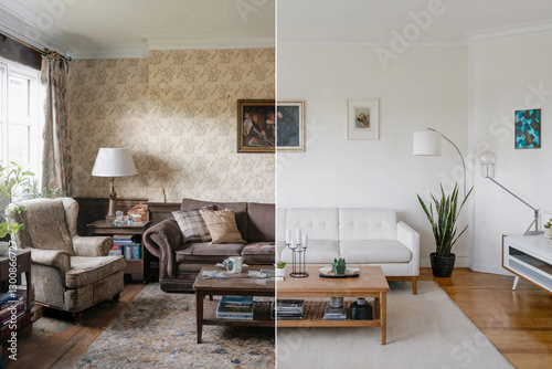 Living room transformation showcasing before and after renovation with contrasting styles and decor choices