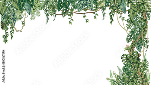 Tropical palm leaves, liana, fern, plants, tree botanical frame. Exotic jungle banner.
