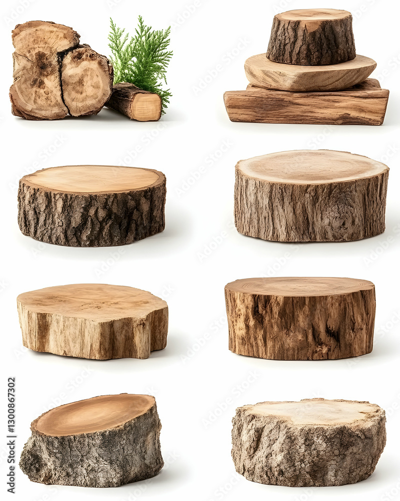 Wood slices, rustic display, white background Wood slices, rustic display, white background
