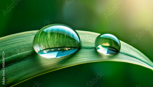 A blurry image of two water droplets resting on a green leaf, highlighting the serene and peaceful beauty of nature with soft light in the background.