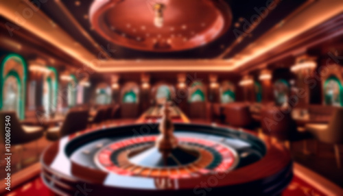 A blurry image of a casino interior with a roulette table and various slot machines, giving an atmosphere of excitement and luxury in a glamorous gaming environment.