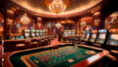 A blurred image of a busy casino interior, with rows of slot machines and gaming tables, creating a vibrant atmosphere of excitement and entertainment.